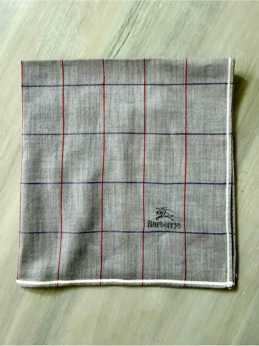 Burberry’s Grey Windowpane Herringbone Pocket Square with Red Purple & Blue Line - Picture 8 of 13